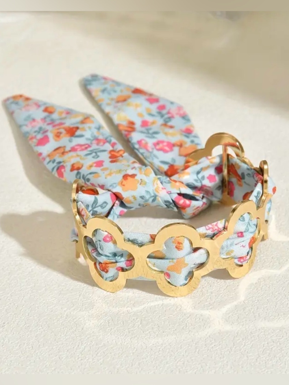 Boutique Floral Tie Bracelet | Adjustable Gold Clover Bangle | Scarf Bracelet